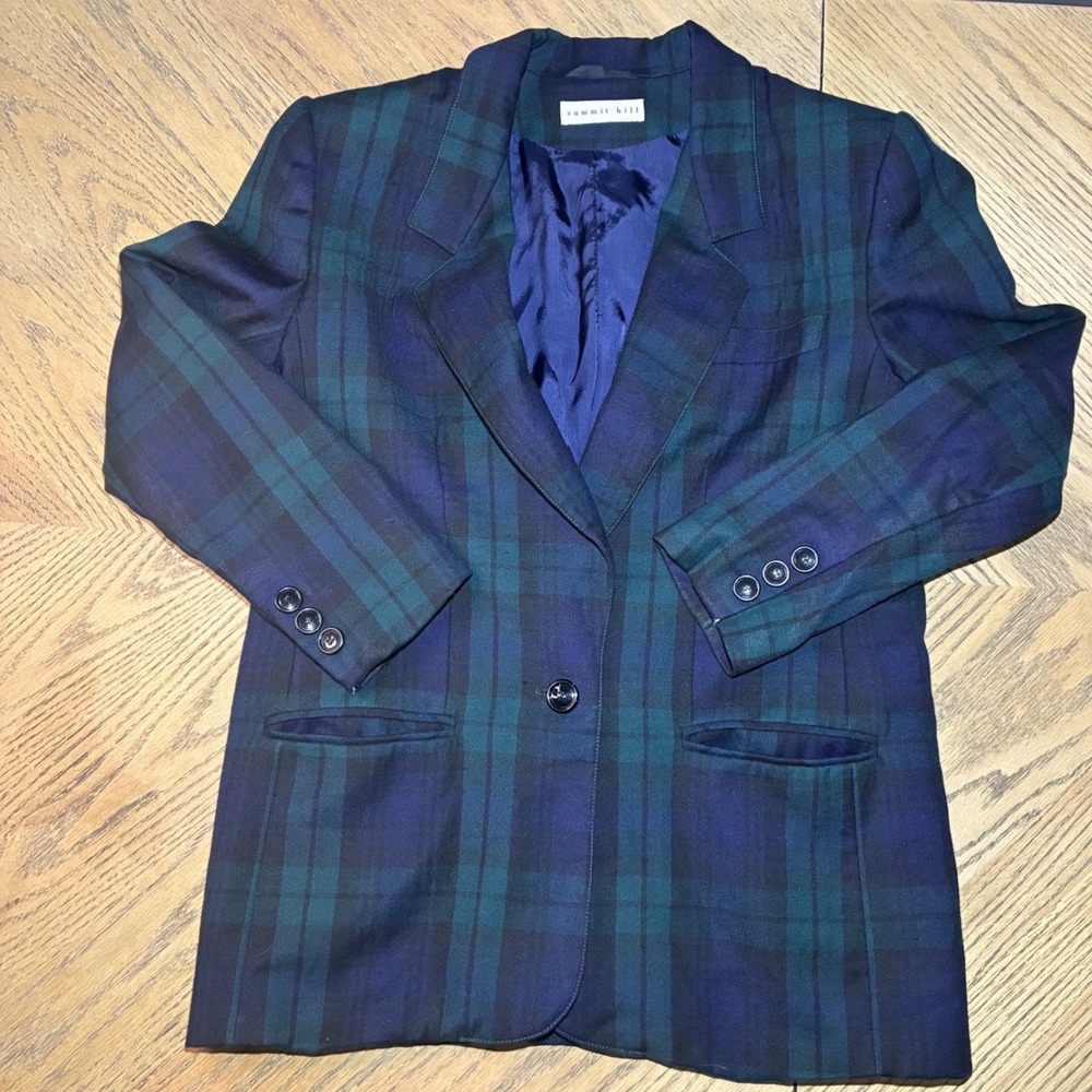 Vintage Summit Hill Merino Wool Blazer Black Watch Plaid Tartan Jacket Sz 14